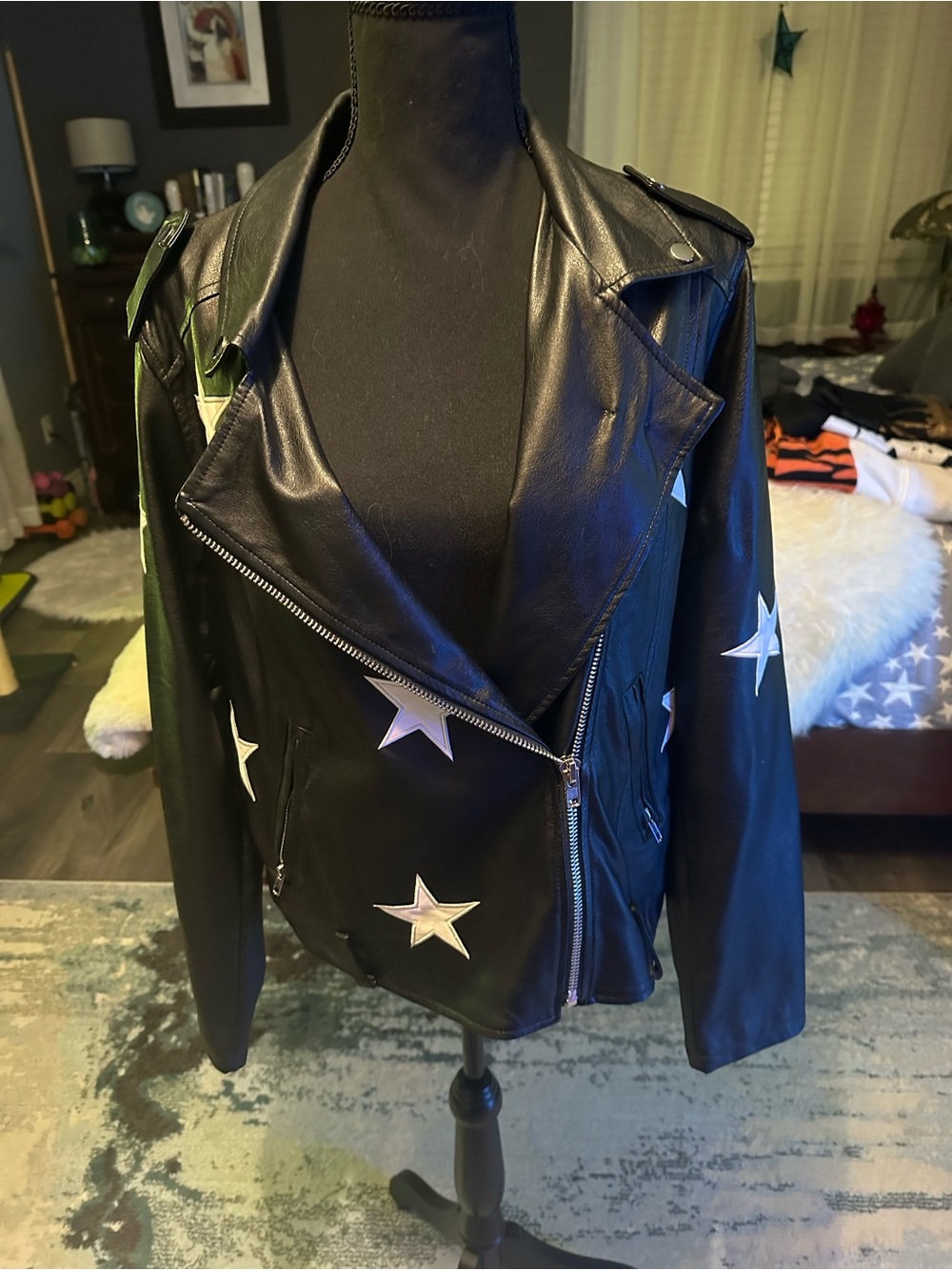 Zenana Outfitters Black Leather Star-Accent Moto Jacket